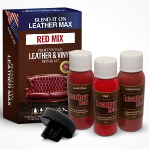 May include: A leather and vinyl repair kit with three bottles of red leather dye. The bottles are labeled "Scarlet Red", "Red", and "Autumn Red". The kit also includes a sponge applicator and a small box with instructions. The box is labeled "Blend It On Leather Max Red Mix Professional Leather & Vinyl Repair Kit".