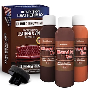 May include: A leather and vinyl repair kit with three bottles of brown colorant, a sponge applicator, and a box. The box reads "Blend It On Leather Max" and "XL Bold Brown Mix". The bottles are labeled "Dark Brown", "Mahogany", and "Med Brown".
