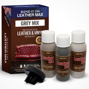 May include: Leather repair kit with three bottles of grey, dark grey, and light grey leather dye. The kit includes a sponge applicator and a box with the text "Blend it on Leather Max Grey Mix Professional Leather & Vinyl Repair Kit".