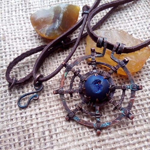 Handmade pendant «Time wheel», Oxidized shops copper, agate bohho gothic ethno amulet