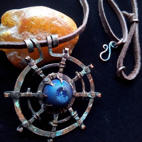 Handmade pendant «Time wheel», Oxidized shops copper, agate bohho gothic ethno amulet