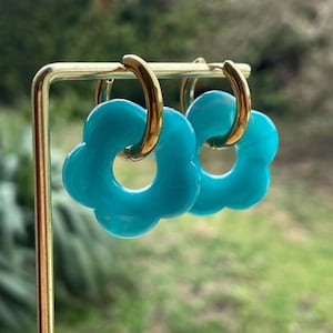 Flower hoop earrings, flower earrings, blue flower hoops, large hoops