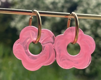 Flower hoop earrings, flower earrings, pink flower hoop earrings, wide hoop earrings