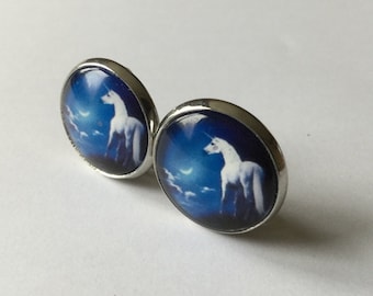 Earrings clips, cabochon buckles, ear clips, unicorn pattern.