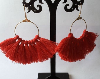 Red pompom earrings, gold hoop earrings, pompom hoop earrings