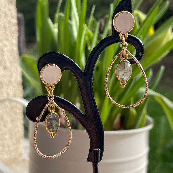 Golden earrings, earrings with gemstone, labradorite earrings