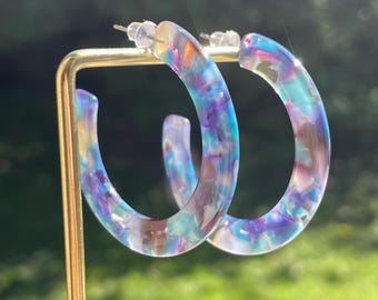 Colorful hoop earrings, resin earrings, blue tortoiseshell hoop earrings