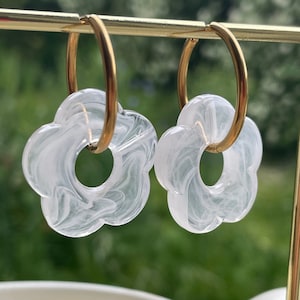 Flower hoop earrings, flower earrings, flower hoops, large gold hoops, white flower hoops
