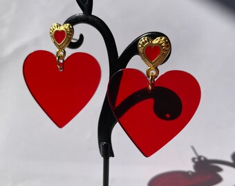 Red earrings, heart earrings, resin earrings