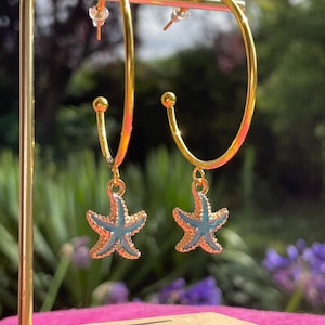 Large hoop earrings, hoop earrings, gold hoop earrings, starfish earrings