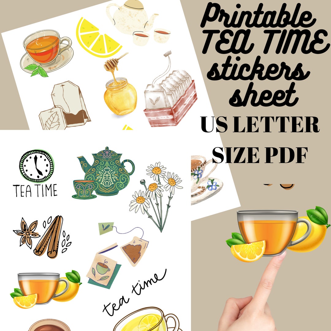 Tea Time Sticker Sheet, Printable Stickers, US Letter Size, Digital ...