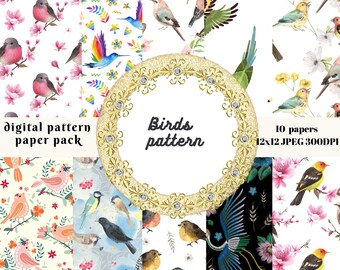 Birds Pattern Digital Paper Pack, Watercolor Style (Digital Download)
