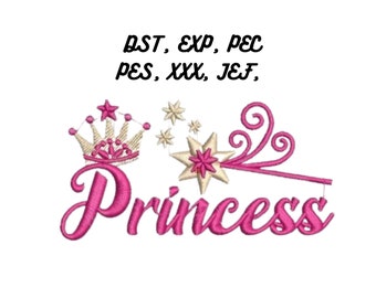 May include: A pink embroidered design featuring the word "Princess" in cursive. The design includes a crown, stars, and decorative swirls. The text "DST, EXP, PEC, PES, XXX, JEF" is at the top.