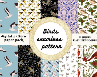 Birds Pattern Digital Paper Pack, Seamless Design (Digital Download)