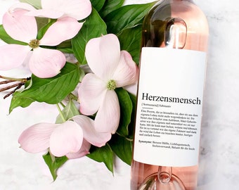 Etikett Weinflasche Herzensmensch Definition | Flaschenetikett Mitbringsel Geschenk Kleinigkeit Geburtstag Aufkleber Flaschenbanderole Wein