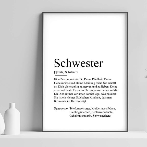 Poster "SCHWESTER" Definition | Bedanken Schwesterherz Geschenk Schwangerschaft Vorfreude Geburtstag Kunstdruck Familie Weihnachtsgeschenk