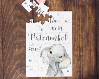 PUZZLE "PATE" Elefant | Verkündung Geschenk Glückwunschkart Baby Schwangerschaft Vorfreude Antrag Patentante Patenonkel