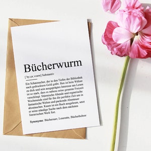 KARTE "BÜCHERWURM" Definition | Leseratte Bücherei Lesen Hobby Geschenk Geldgeschenk Buch Lieblingsmensch Seelenverwandte Beste Freundin