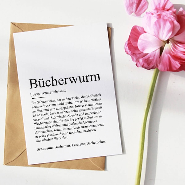 KARTE "BÜCHERWURM" Definition | Leseratte Bücherei Lesen Hobby Geschenk Geldgeschenk Buch Lieblingsmensch Seelenverwandte Beste Freundin