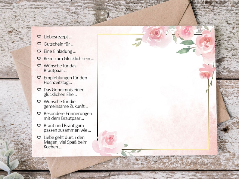 May include: A white card with a pink floral border and gold trim. The card has a list of ideas for a wedding gift, including a gift certificate, an invitation, a poem, and wishes for the couple. The card has a pink watercolor background.