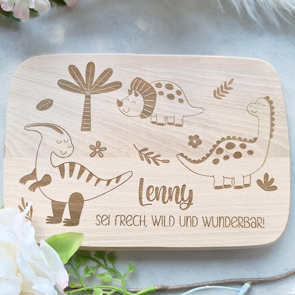 Frühstücksbrettchen "Dinos" | Geschenk Kind Geburtstag | Frühstück Stullenbrett | personalisiert | Vesperbrett mit Name | Tiere Dinosaurier