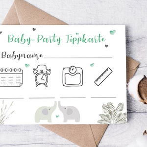 10x TIPPKARTEN BABYPARTY Elefant | Babyshower Spiel Schwanger Schwangerschaft Baby unterwegs Gender Neutral Geburt Baby raten Spaß Witzig