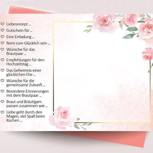 May include: A pink and white card with a gold border and floral design. The card has a list of ideas for a wedding gift, including a recipe, a gift certificate, an invitation, a poem, and wishes for the couple's future.