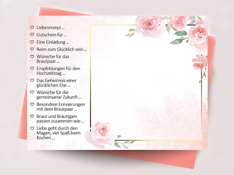 May include: A pink and white card with a gold border and floral design. The card has a list of ideas for a wedding gift, including a recipe, a gift certificate, an invitation, a poem, and wishes for the couple's future.