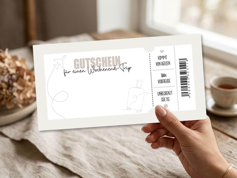 May include: A light beige gift certificate for a weekend trip. The certificate has a minimalist design with a line drawing of a suitcase and airplane. Text includes "GUTSCHEIN f&uuml;r einen Wochenend-Trip" and other phrases.