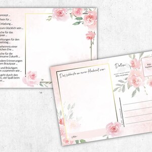 May include: A pink and white wedding postcard with a floral design. The postcard has a space for a date and a message. The text on the postcard says "The best part of your wedding was..." and "Date".