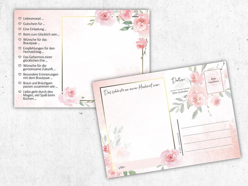 May include: A pink and white wedding postcard with a floral design. The postcard has a space for a date and a message. The text on the postcard says "The best part of your wedding was..." and "Date".