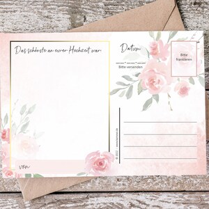 May include: A blank postcard with a floral design. The postcard has a space for a message, a date, and a "from" line. The text on the postcard reads "Das sch&ouml;nste an eurer Hochzeit war..." and "Bitte frankieren".