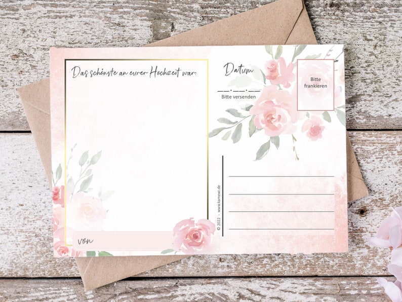 May include: A blank postcard with a floral design. The postcard has a space for a message, a date, and a "from" line. The text on the postcard reads "Das sch&ouml;nste an eurer Hochzeit war..." and "Bitte frankieren".