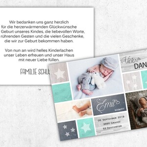 GEBURTSKARTE BABY Danksagung Geburt Grußkarte personalisiert individualisiert mit Fotos Papeterie Babyjunge Babyboy Mint