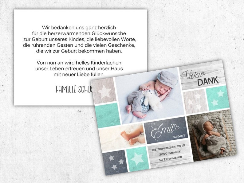 GEBURTSKARTE BABY Danksagung Geburt Grußkarte personalisiert individualisiert mit Fotos Papeterie Babyjunge Babyboy Mint