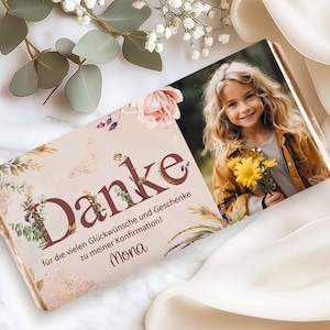 SCHOKOLADENBANDEROLE "Mona" | Banderole Schokolade Danksagung Dankeschön Gastgeschenk Taufe Kommunion Konfirmation 100g Milka Lindt