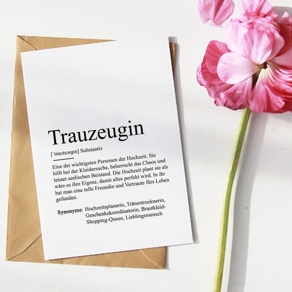 KARTE "TRAUZEUGIN" Definition | Bedanken Geschenk Duden Glück Hochzeit Lieblingsmensch Seelenverwandte Herzensmensch Beste Freundin