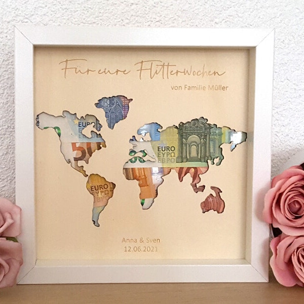 GELDGESCHENK RAHMEN "WORLD" | Hochzeit Flitterwochen Geld schenken Geschenk Personalisiert mit Namen Lasercut Gravur Holz Hochzeitsreise