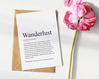 KARTE "WANDERLUST" Definition | Geschenk Weltenbummler Geldgeschenk Fernweh Gutschein Grußkarte Reisekasse Glück Geburtstag Reiselust