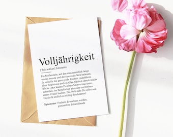 KARTE "VOLLJÄHRIGKEIT" Definition | Glückwunschkarte Geburtstagskarte 18. Geburtstag Glückwünsche Erwachsen Herzlichen Volljährig