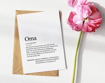 KARTE "OMA" Definition | Bedanken Beste Oma Großmutter Geschenk Ankündigung Baby Schwangerschaft Vorfreude Geburtstag