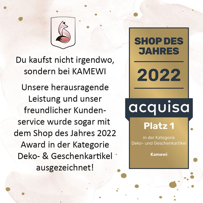 May include: A gold award certificate with the text 'Shop des Jahres 2022' and 'acquisa Platz 1 in der Kategorie Deko- und Geschenkartikel Kamewi'.