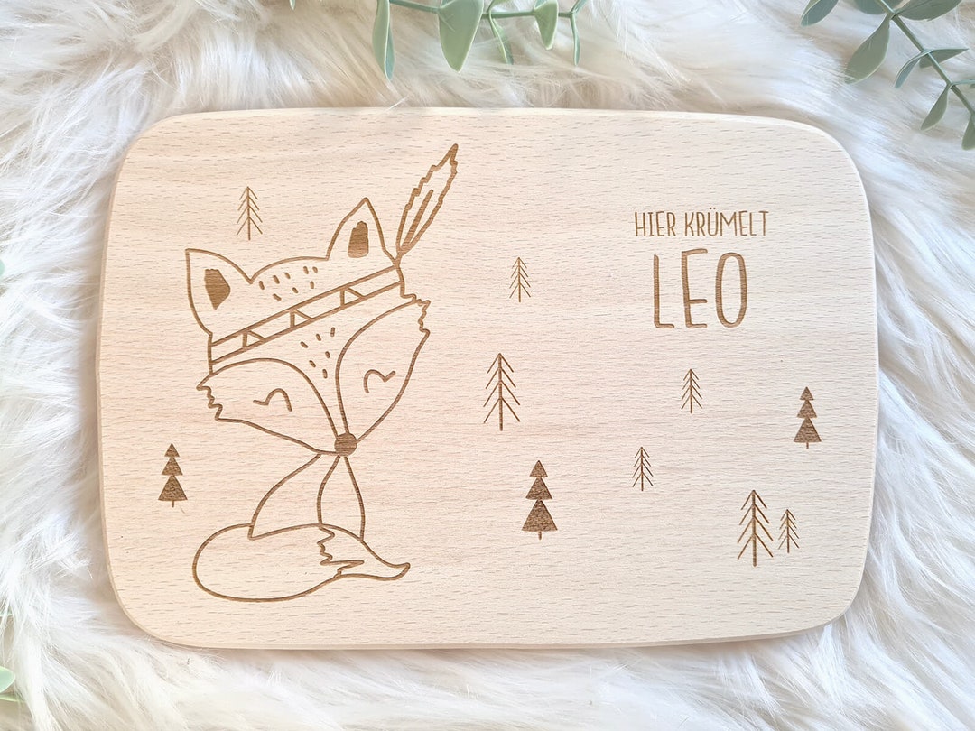 Frühstücksbrettchen Mit Fuchs-Gravur – Personalisierbar Aus Buchenholz, 21x11 Cm