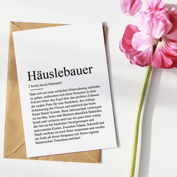 CARD "HÄUSLEBAUER" Definition | Topping-out ceremony for a new building, a new apartment, a housewarming party, a house opening, a house purchase, a dream house, a gift, a little something