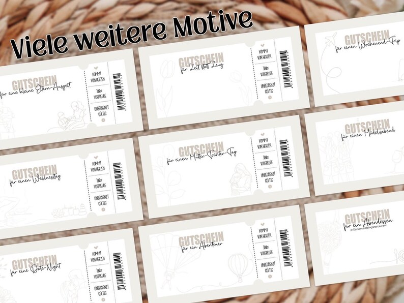 May include: A collection of light beige gift certificates with various designs and text in German. Each certificate features a unique illustration and the words "GUTSCHEIN" and "Viele weitere Motive". The certificates are arranged on a woven background.