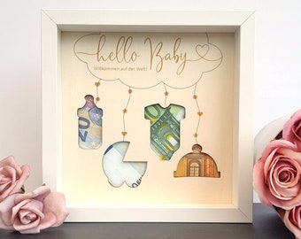 GELDGESCHENK RAHMEN "Hello Baby" | Geburt | Babyparty | Geld schenken | Geschenk | Schwangerschaft | Personalisierbar | Taufe | Babyshower