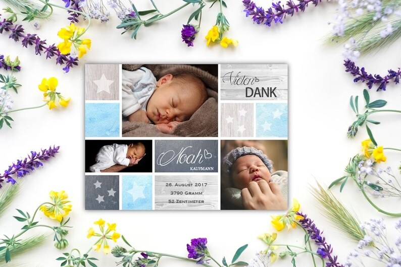 GEBURTSKARTE BABY Danksagung Geburt Grußkarte personalisiert individualisiert mit Fotos Papeterie Babyjunge Babyboy Blau