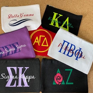 Sorority Cotton Canvas Make-Up/ Cosmetic Zipper Bag (2 Sizes) Lots of Colors to Pick From