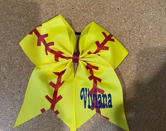 Softball Grosgrain Hairbow with Elastic Ponytail Holder