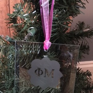 Phi Mu Sorority Personalized Glass Etched Christmas Ornament